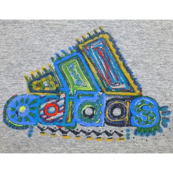Vintage 90's Adidas Gray T-Shirt With Colorful Tribal Logo Design Made In USA Si - Picture 2 of 7